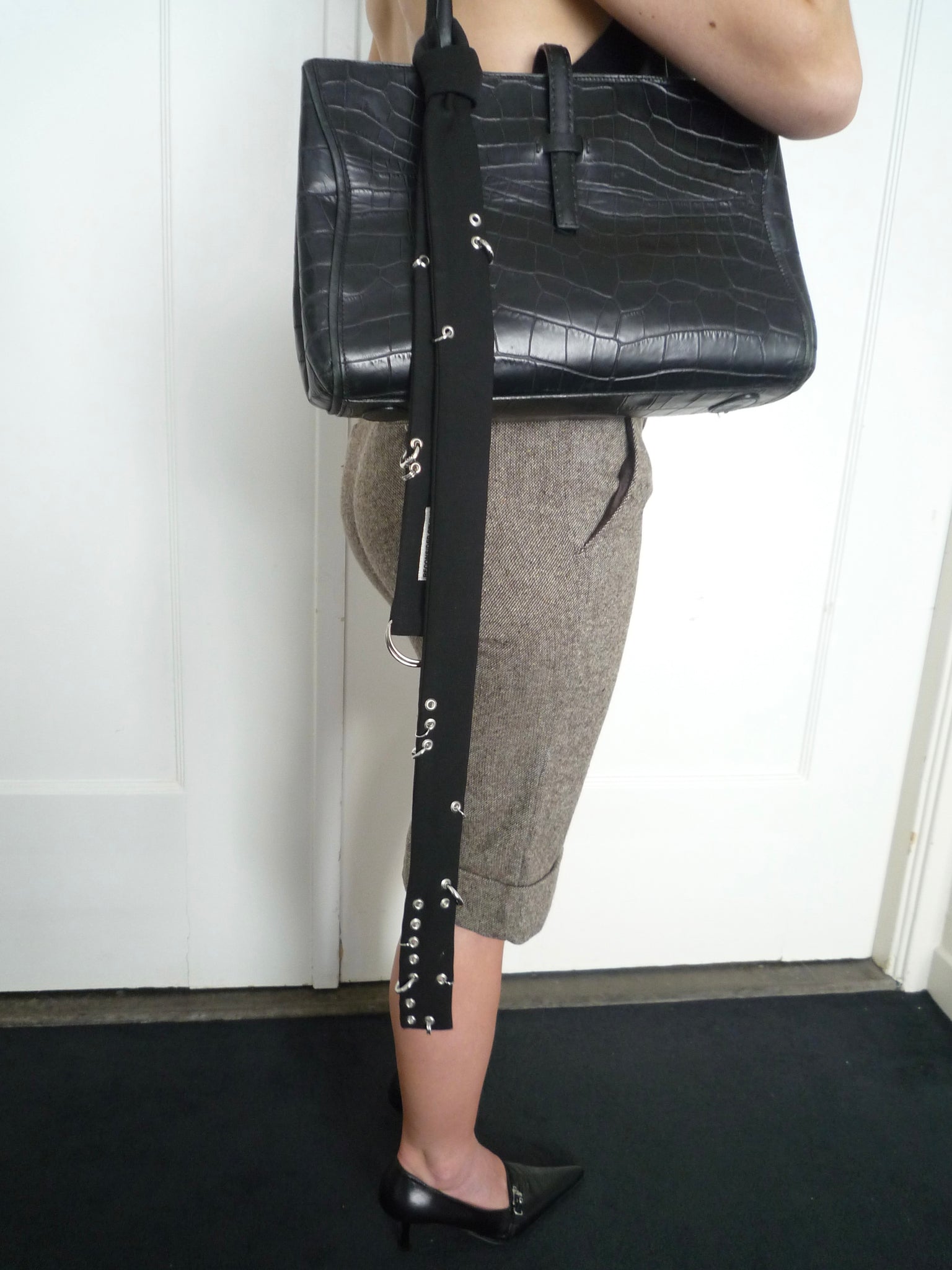 Black Leather Croc Print Hand Bag