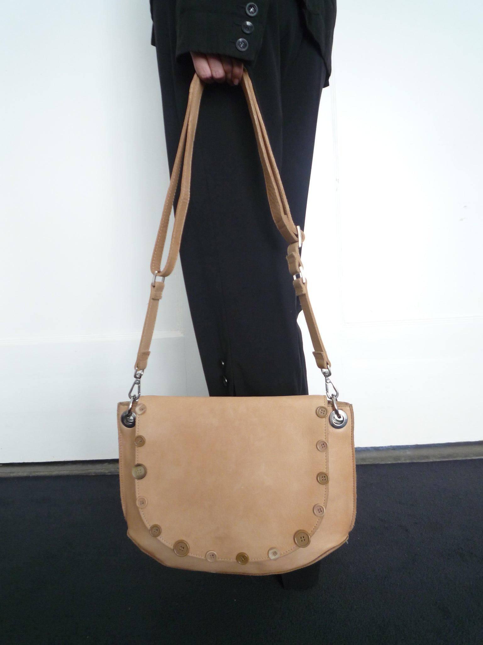 Beige Leather Button Bag