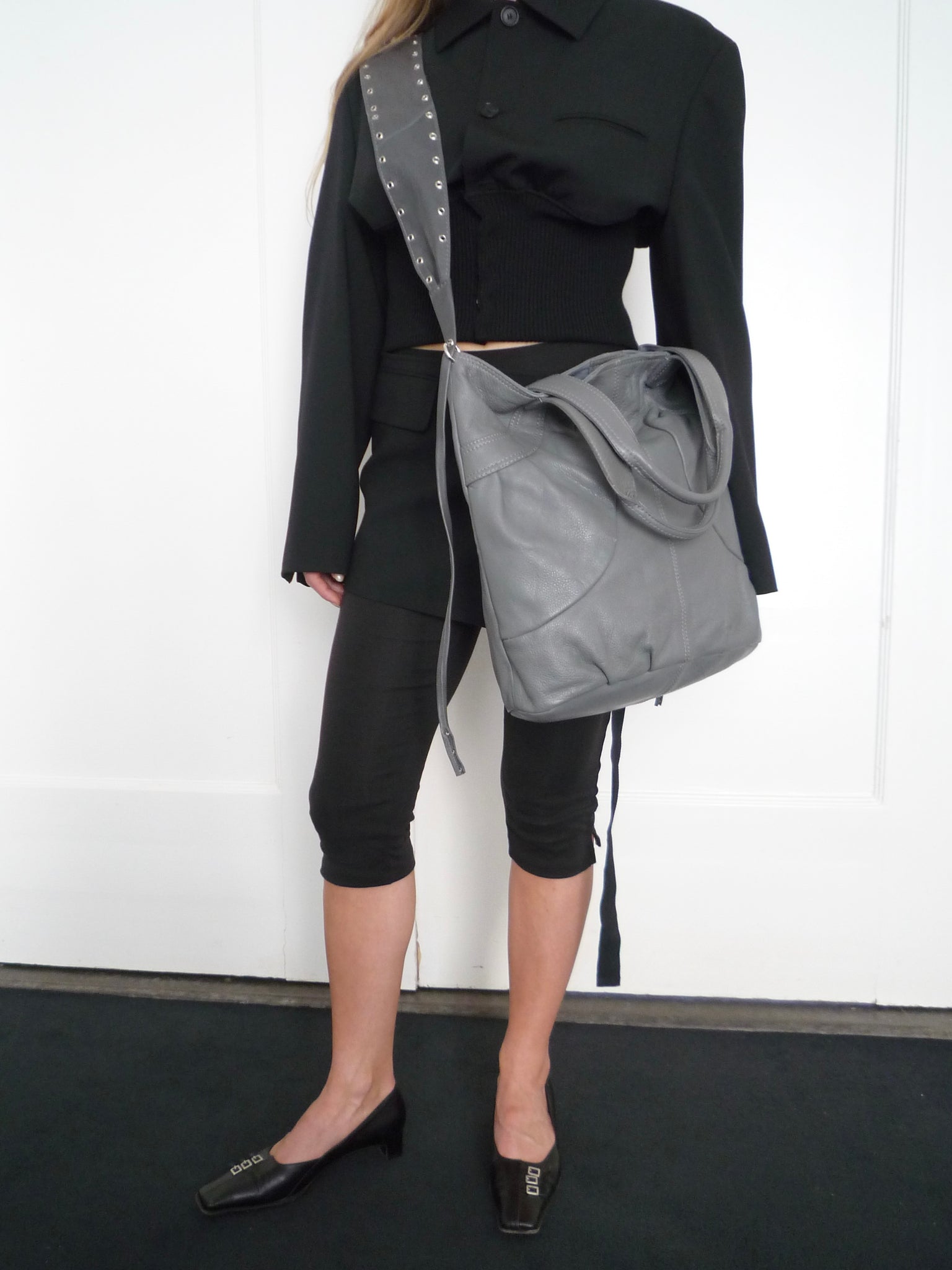 Grey Leather Crossbody Bag