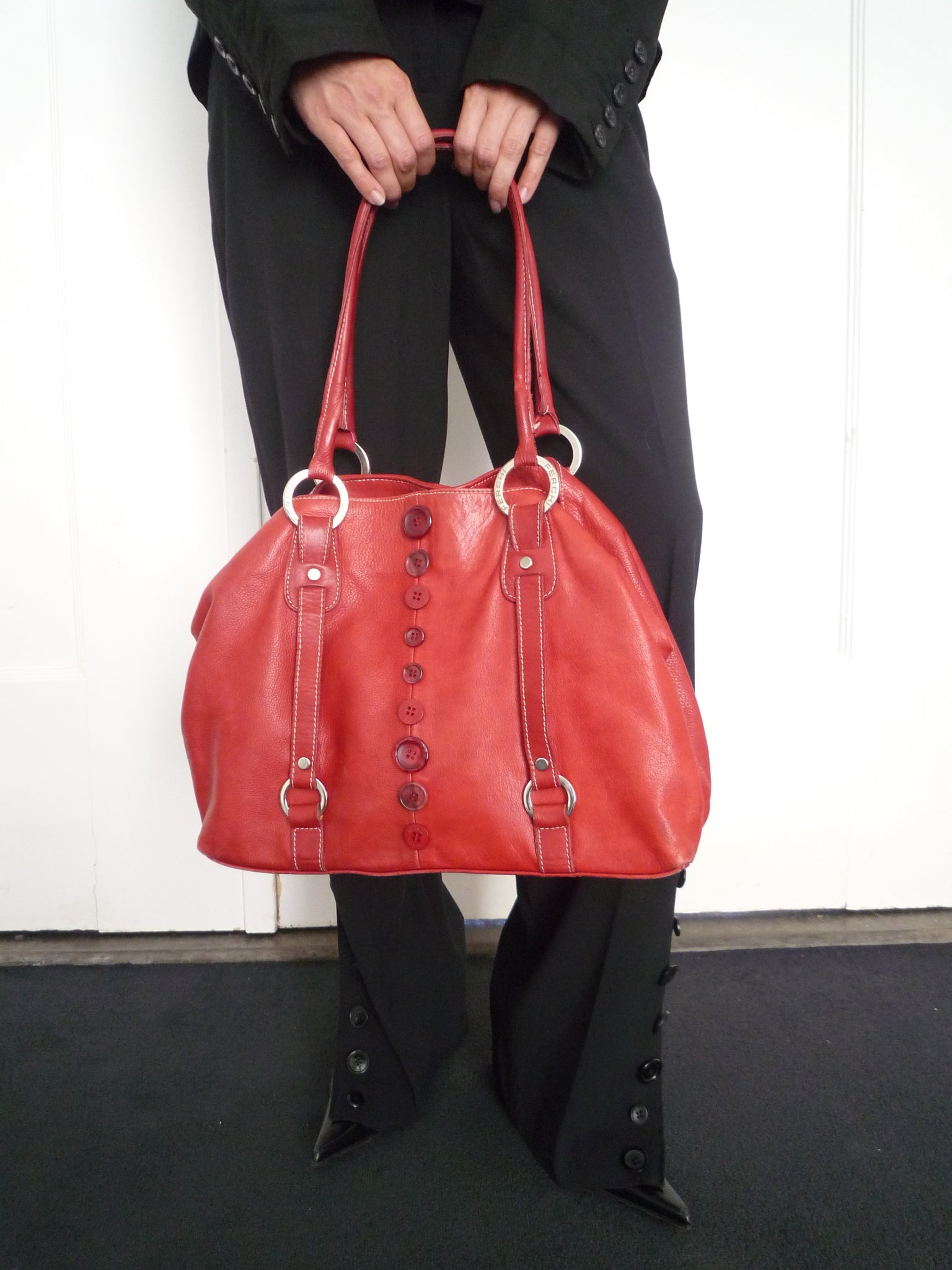 Red Leather Button’s Bag