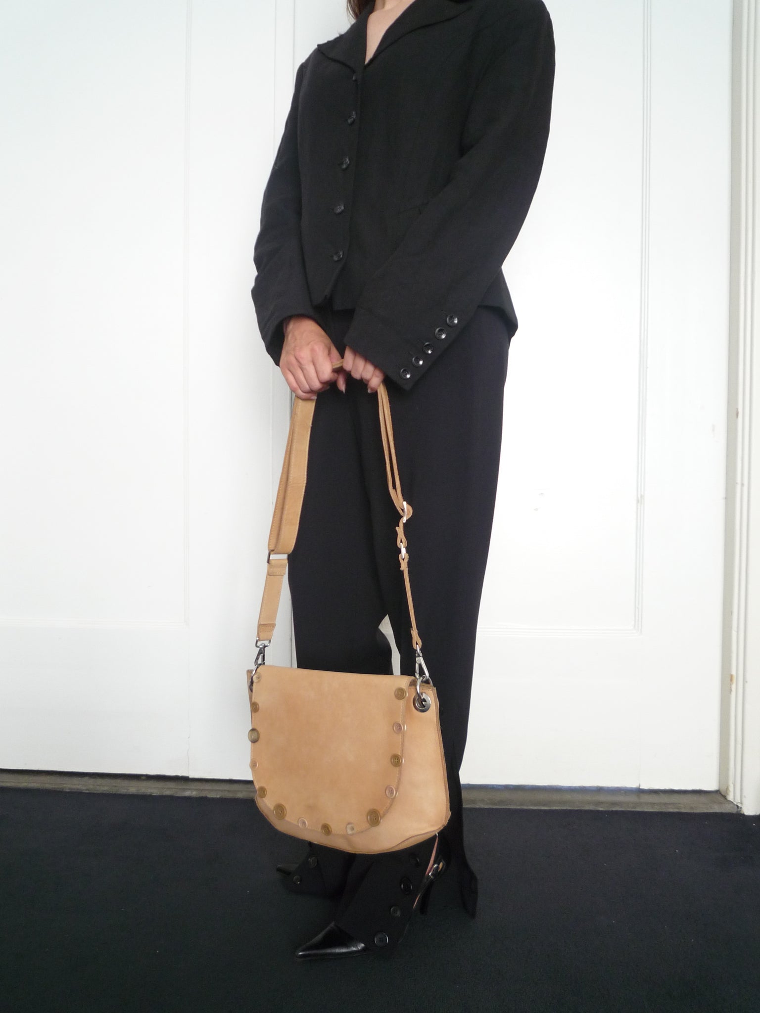 Beige Leather Button Bag