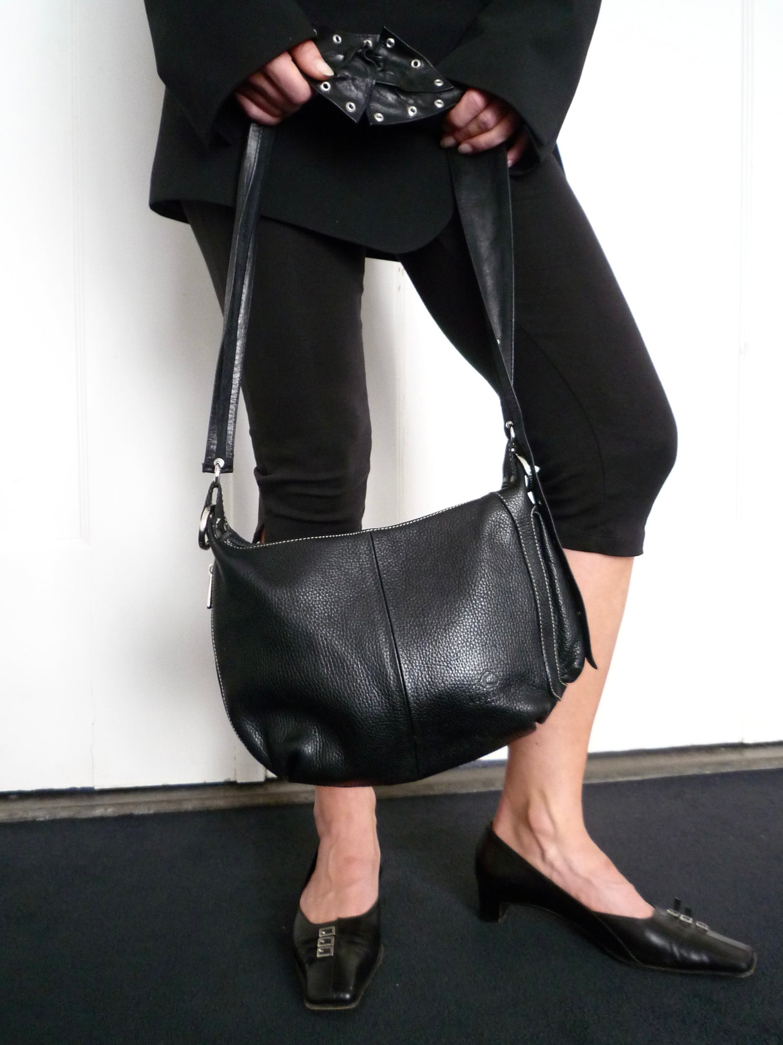 Black Leather Flower Belt Bag