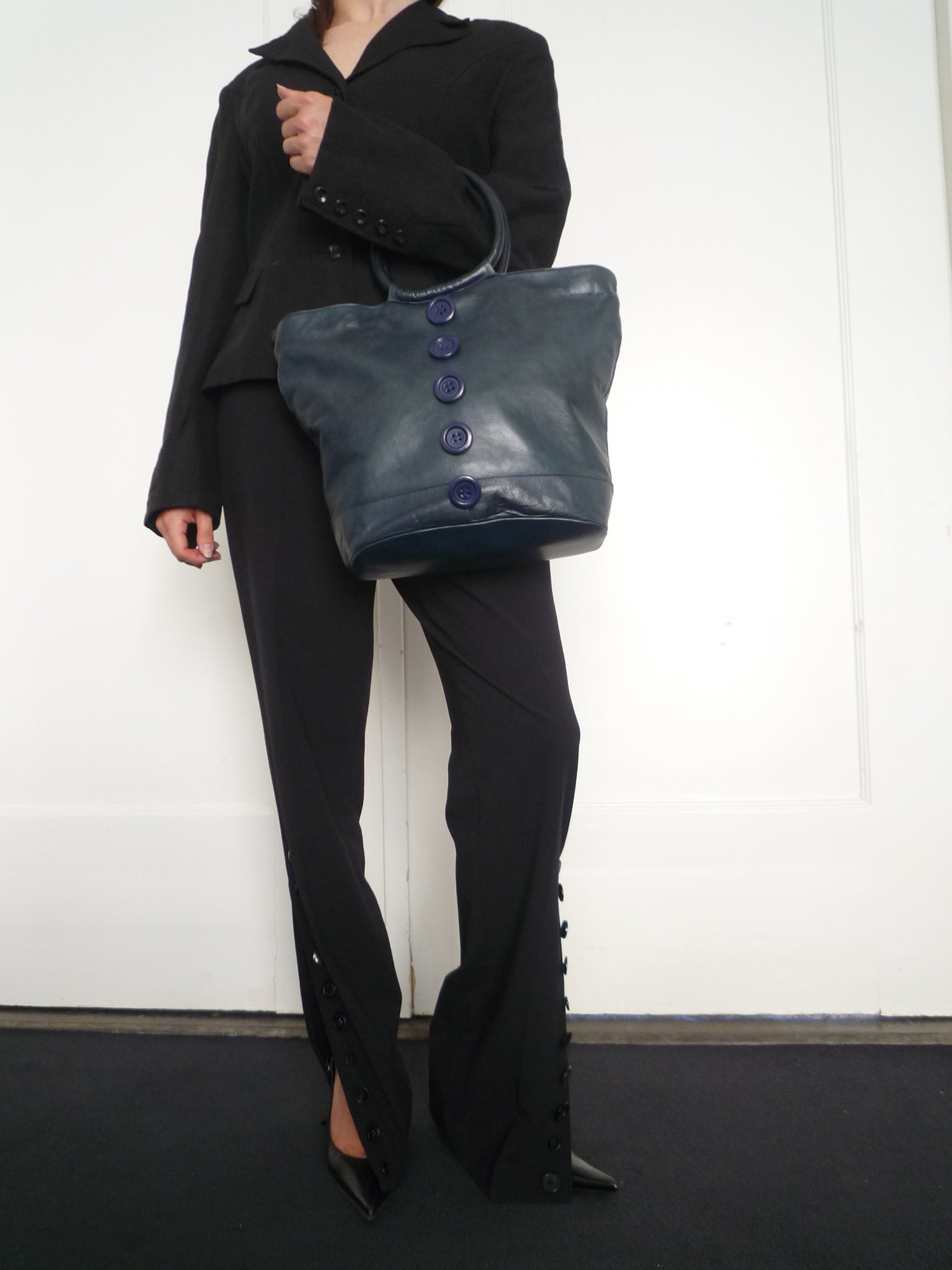 Dark Blue Leather Button Bag