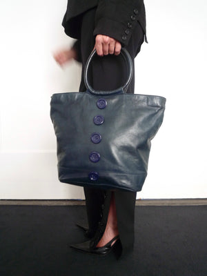 Dark Blue Leather Button Bag