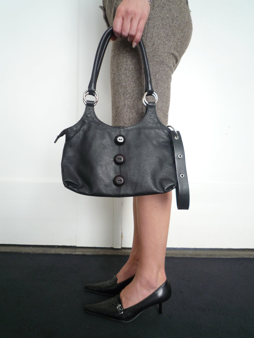 Black Leather Everyday Button Bag
