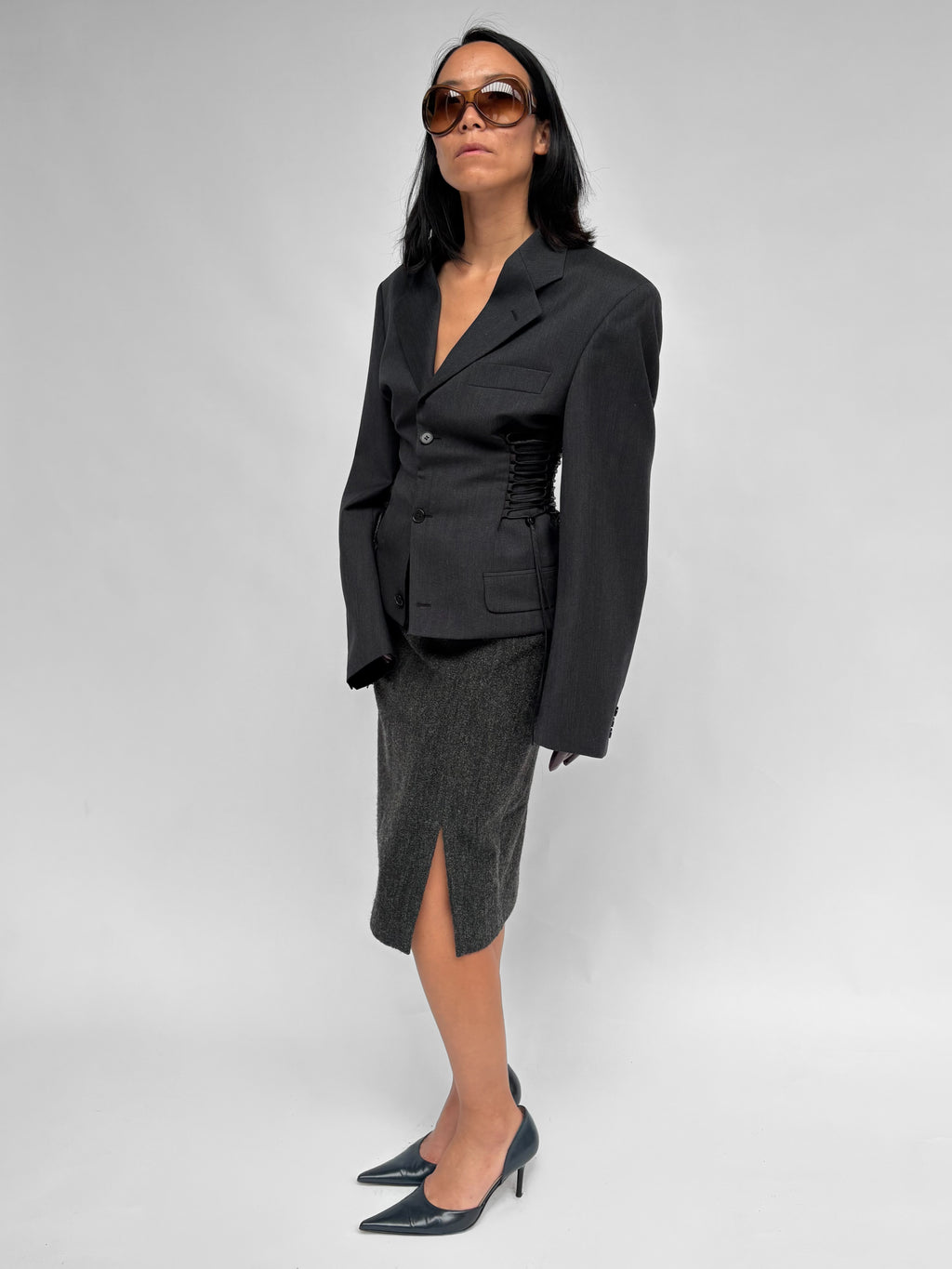 Piece No 45 — Grey Cinched-Waist Cropped Blazer