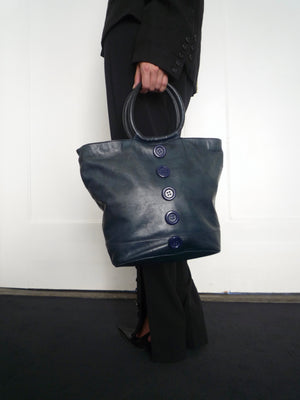 Dark Blue Leather Button Bag