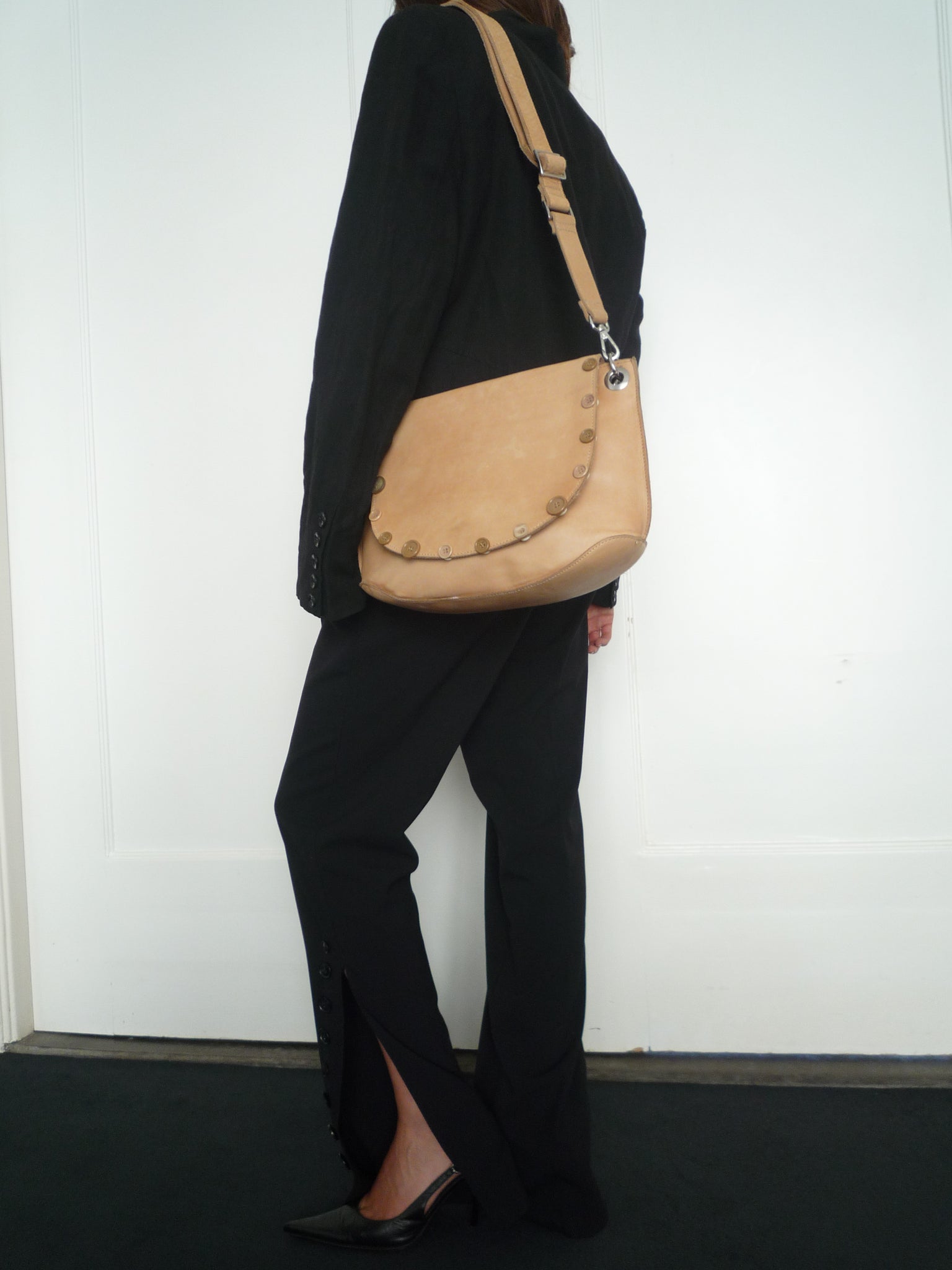 Beige Leather Button Bag