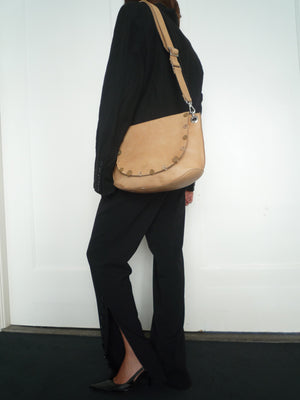 Beige Leather Button Bag