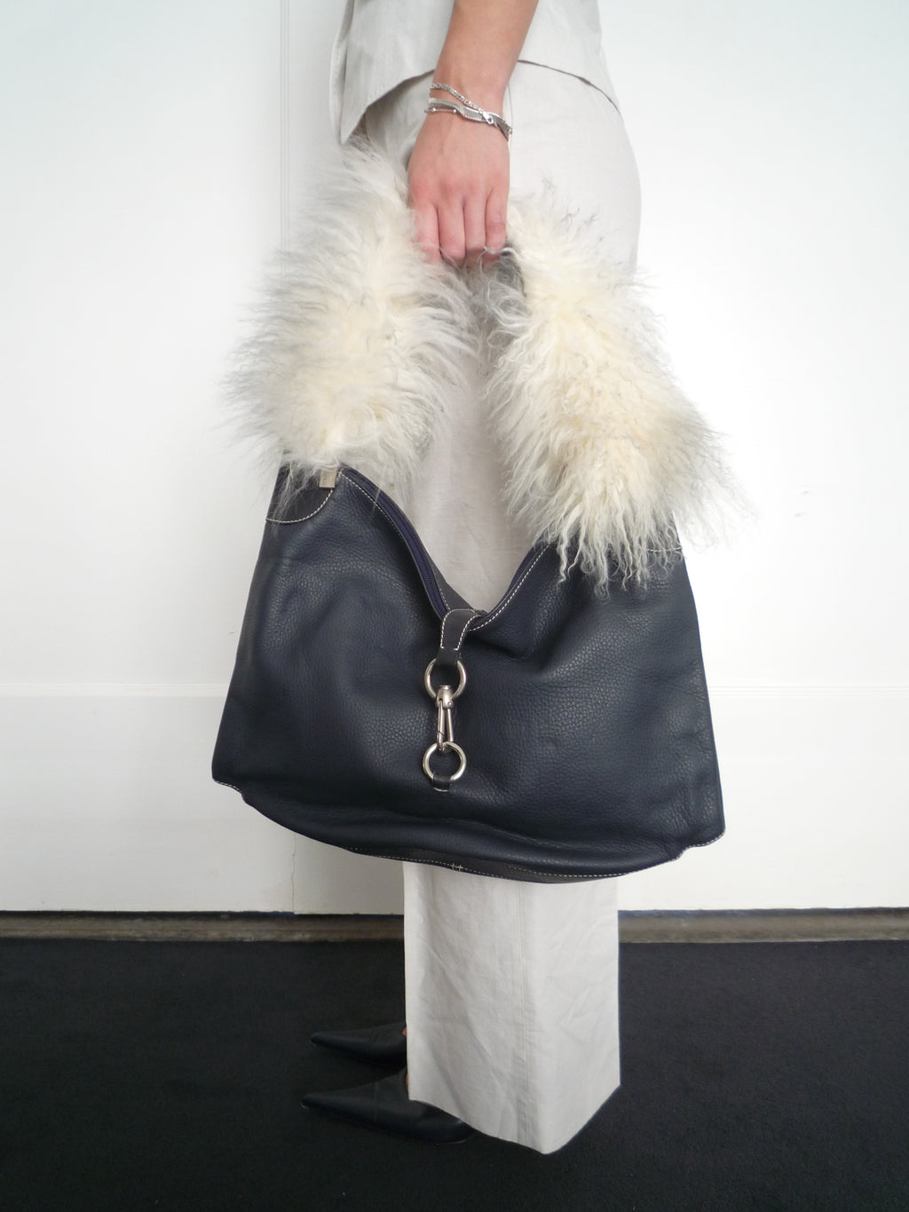 Mongolian Fur Dark Blue Bag