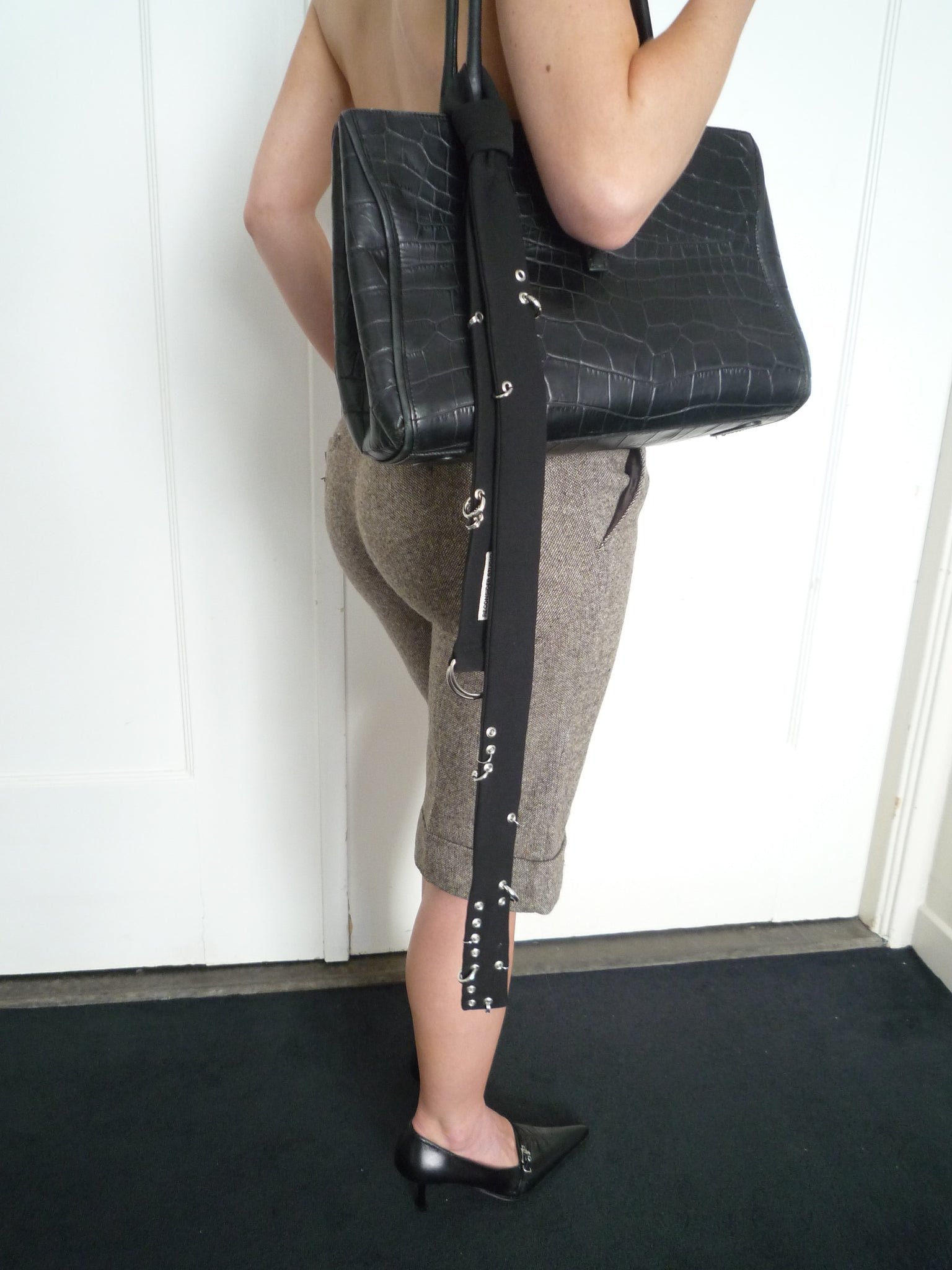 Black Leather Croc Print Hand Bag