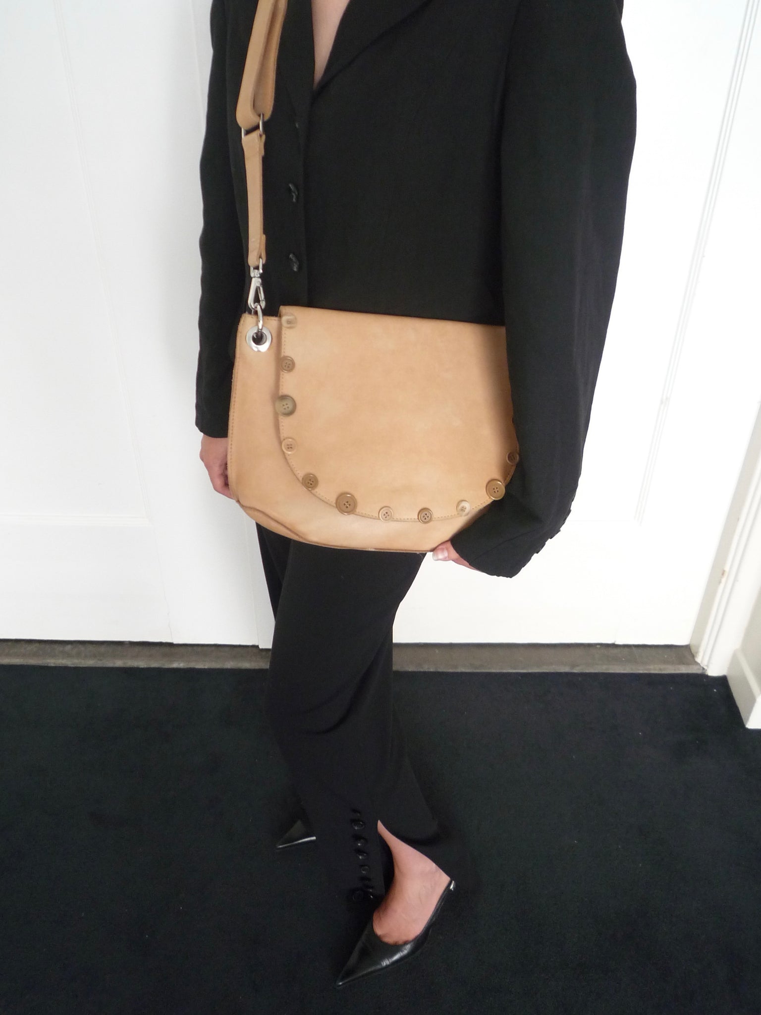 Beige Leather Button Bag