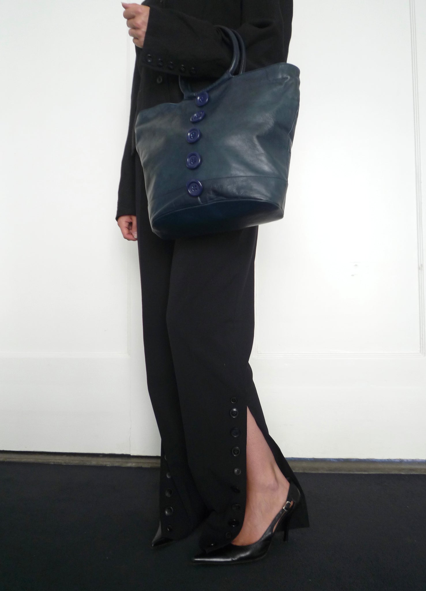Dark Blue Leather Button Bag