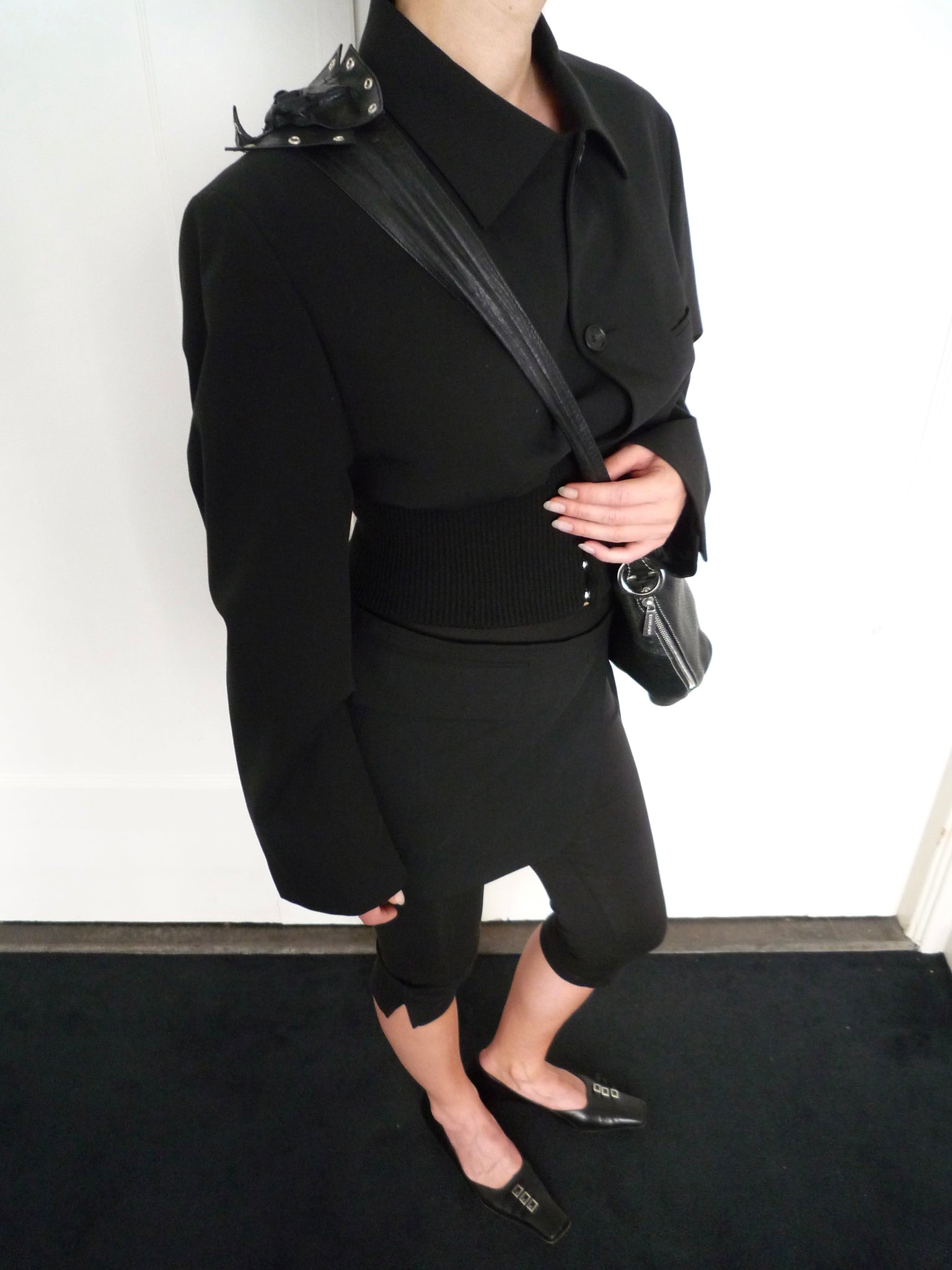 Black Leather Flower Belt Bag