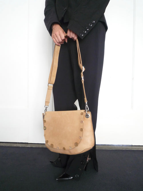 Beige Leather Button Bag