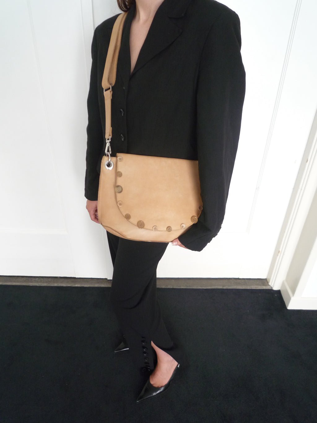 Beige Leather Button Bag