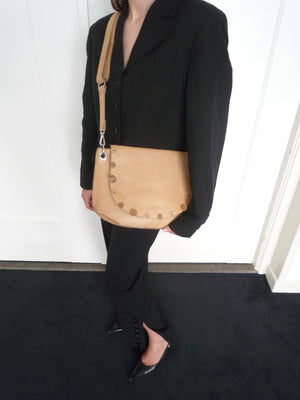 Beige Leather Button Bag