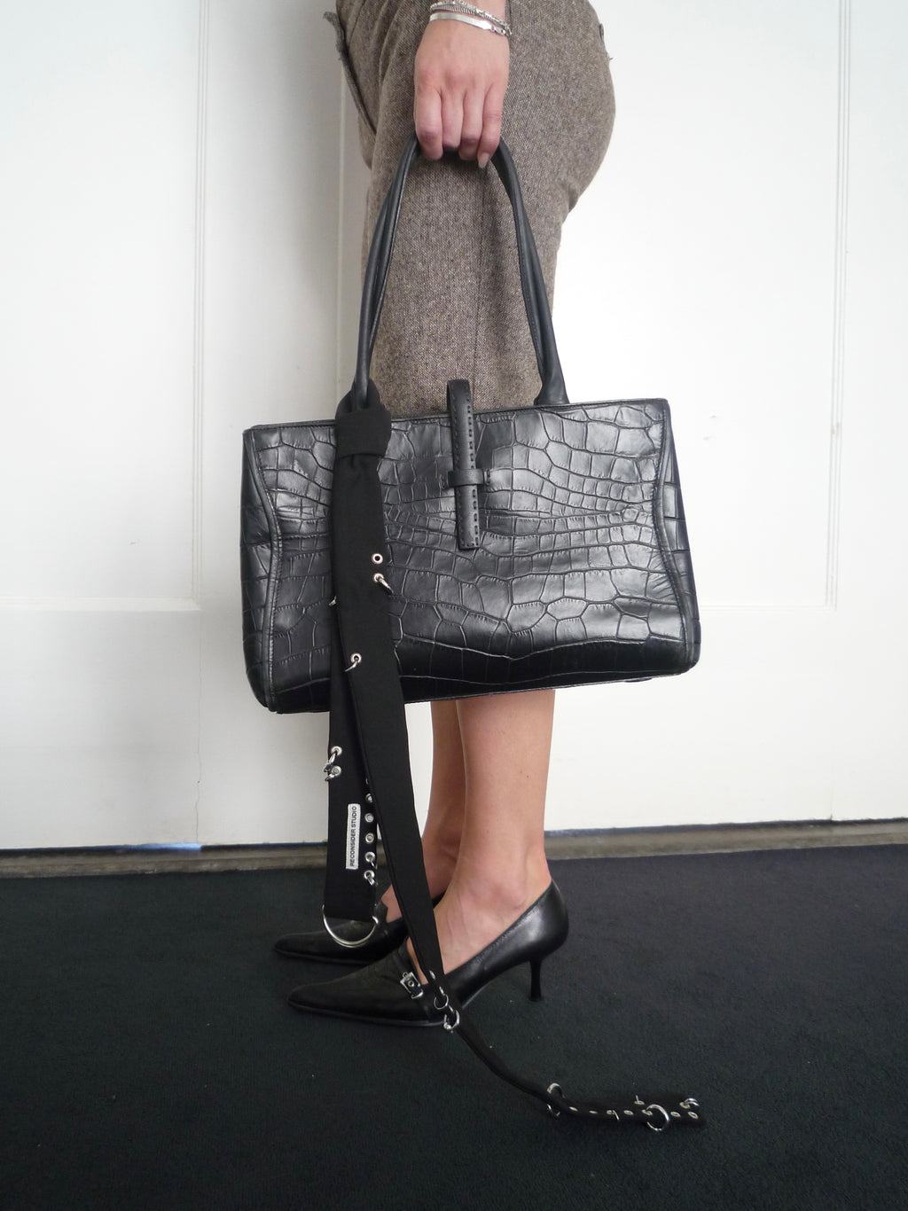 Black Leather Croc Print Hand Bag