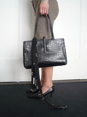 Black Leather Croc Print Hand Bag