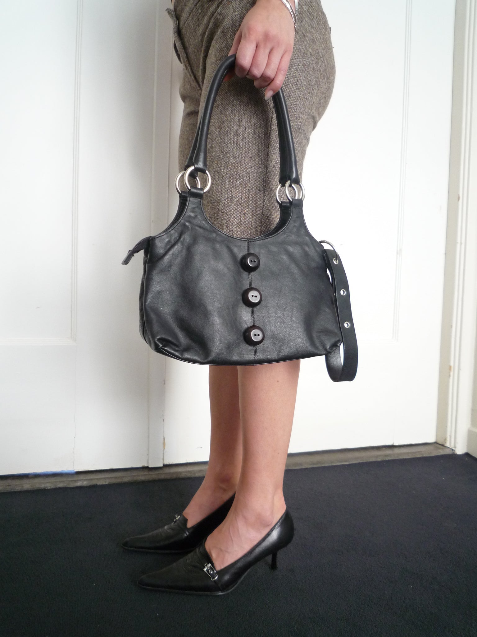 Black Leather Everyday Button Bag