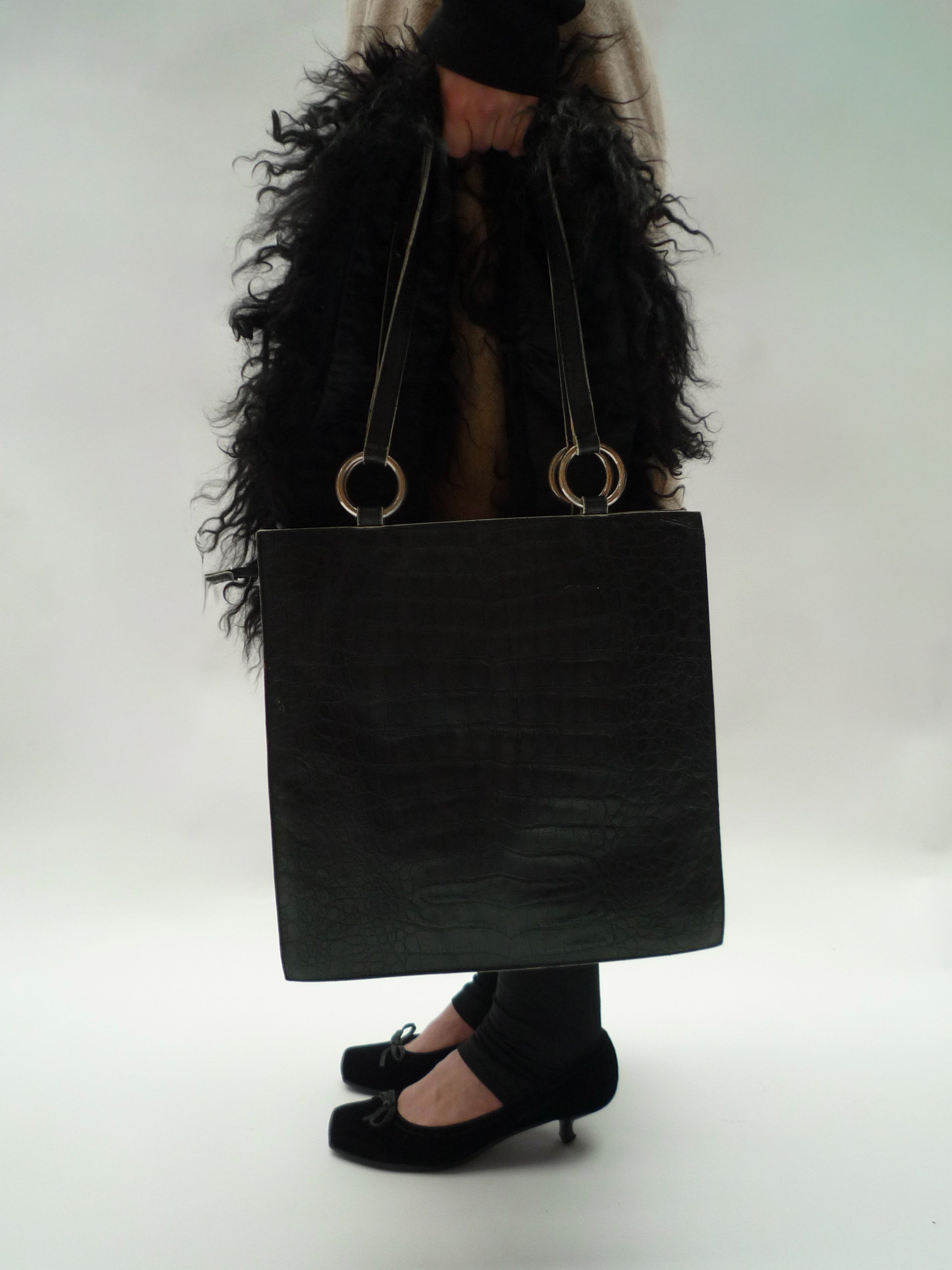 Fur Croco Shoulder Bag in Black
