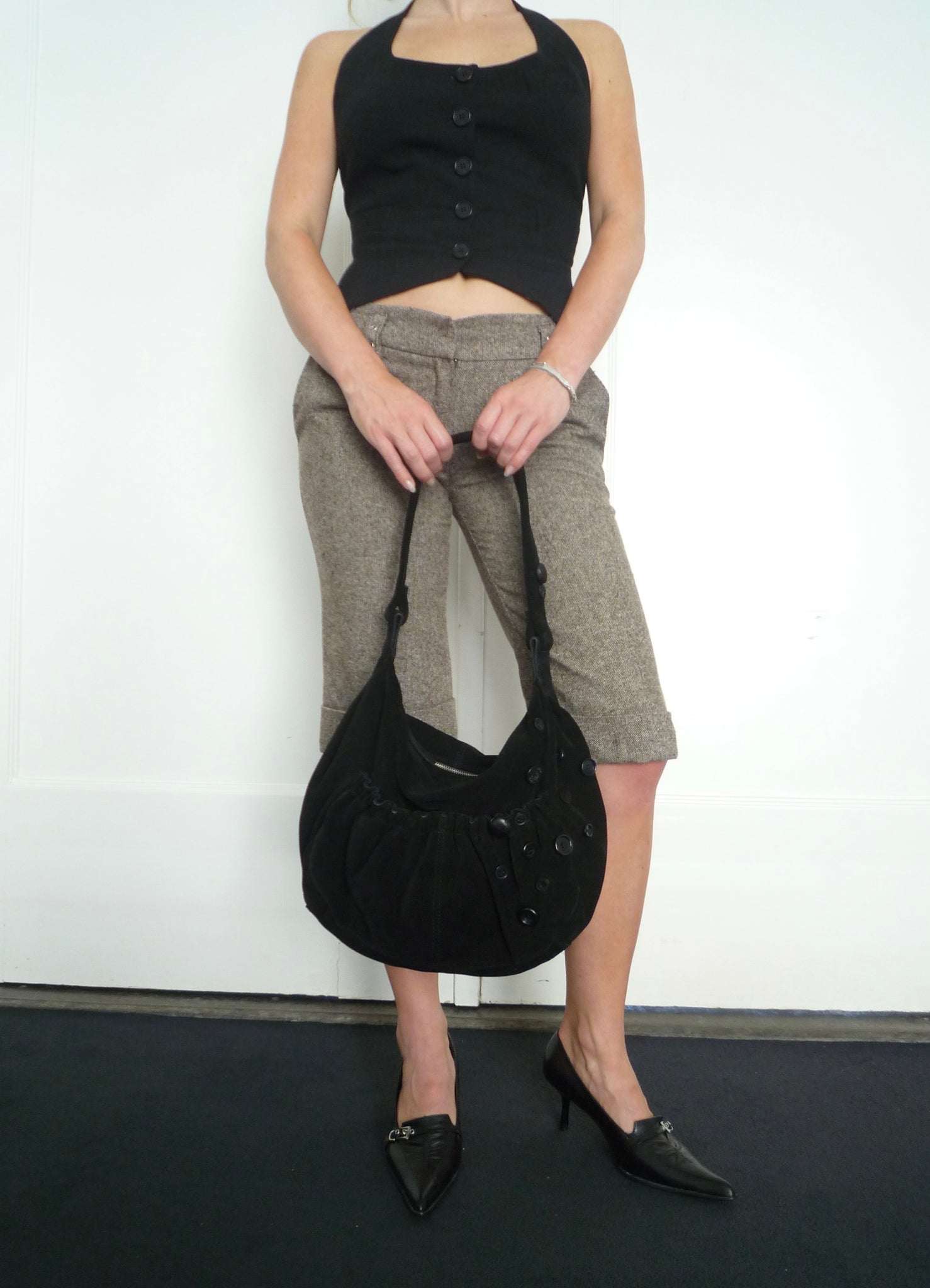 Black Suede Buttons Bag