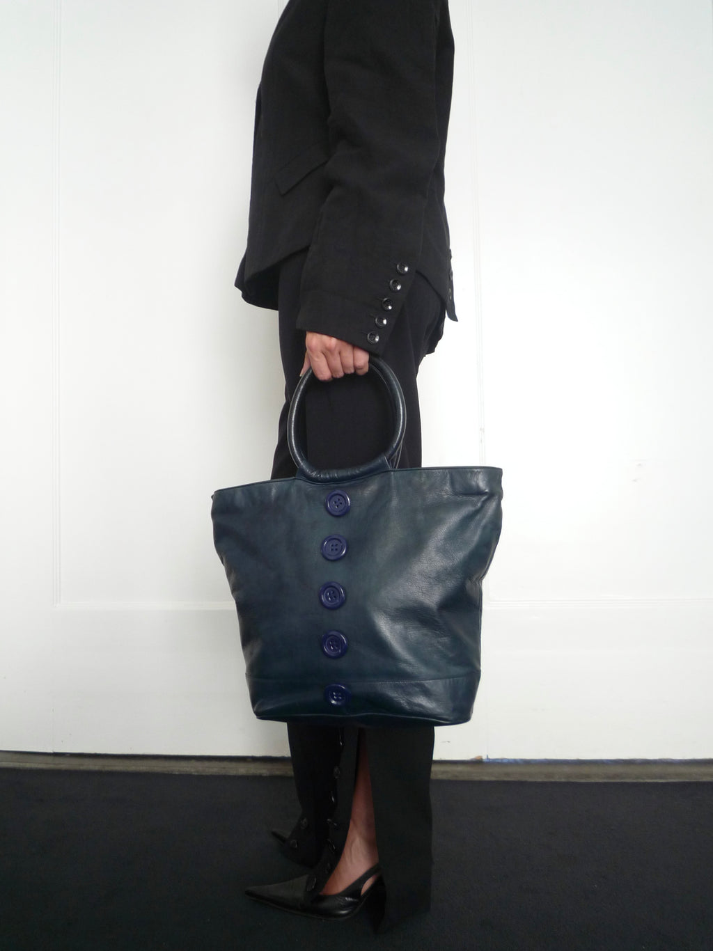 Dark Blue Leather Button Bag