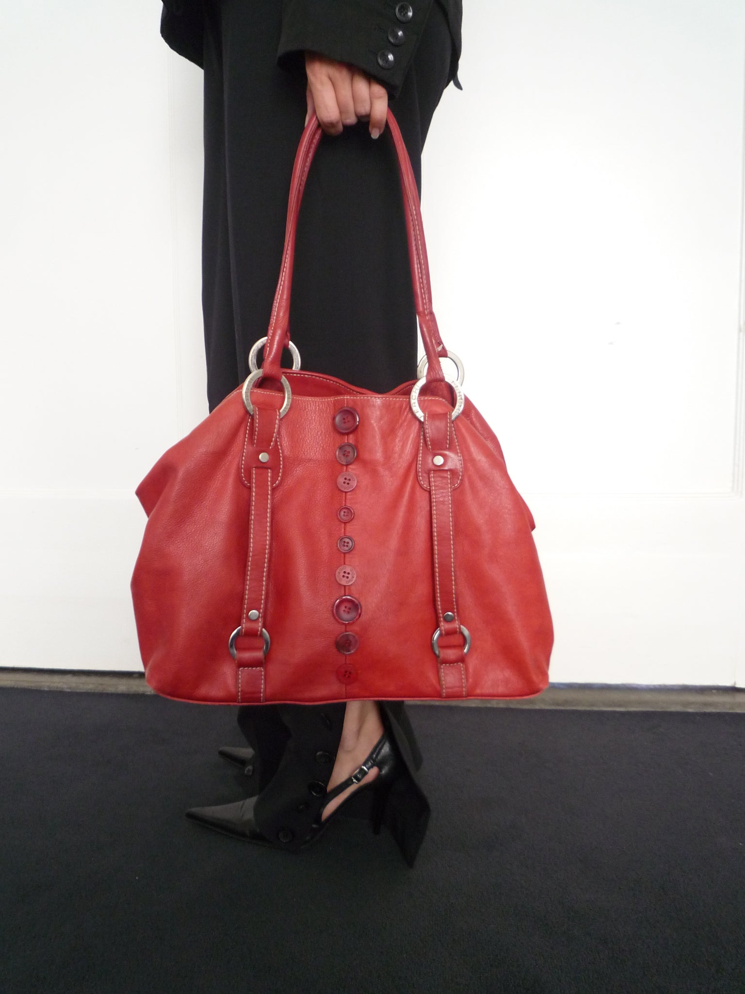Red Leather Button’s Bag