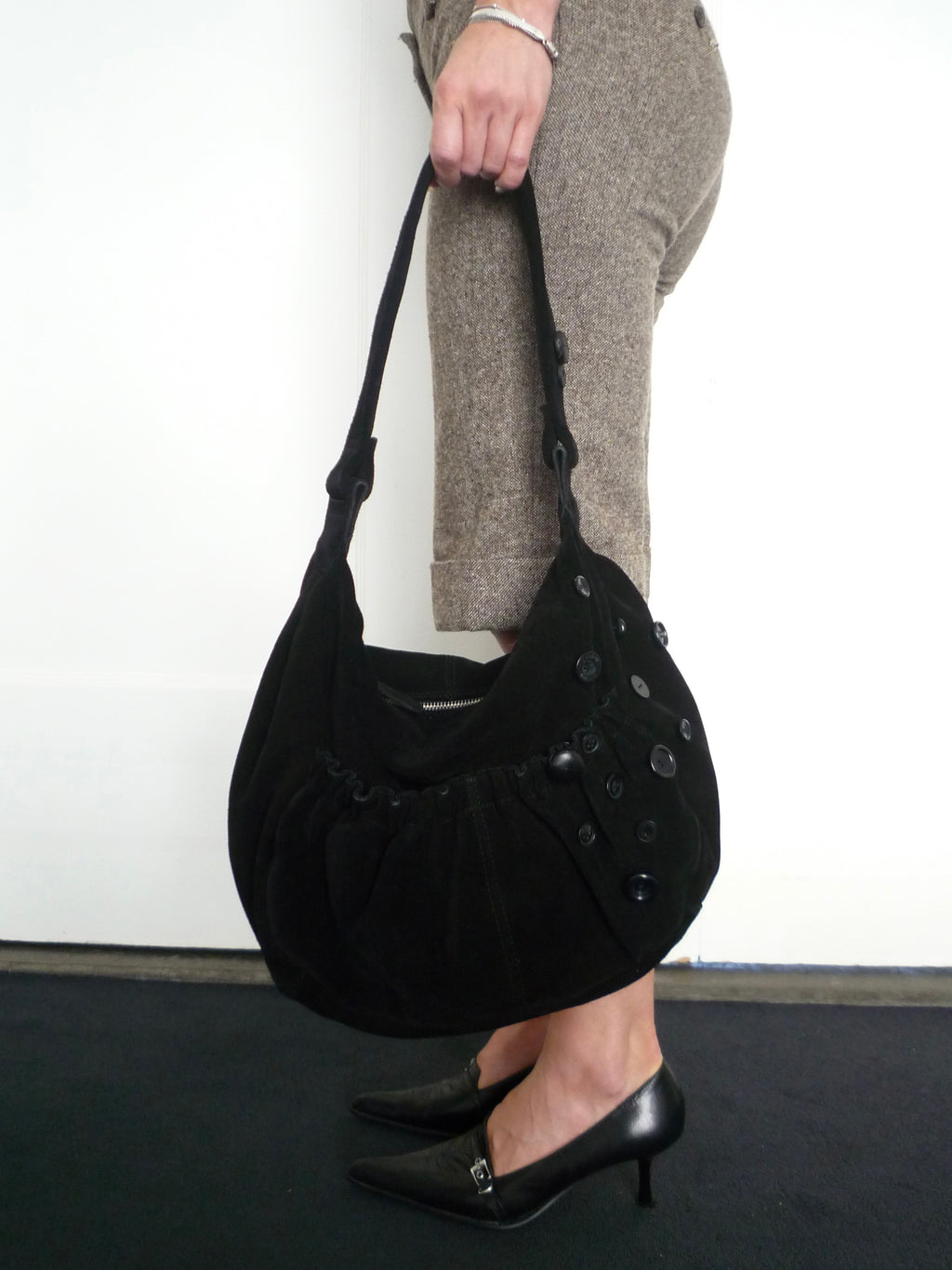 Black Suede Buttons Bag