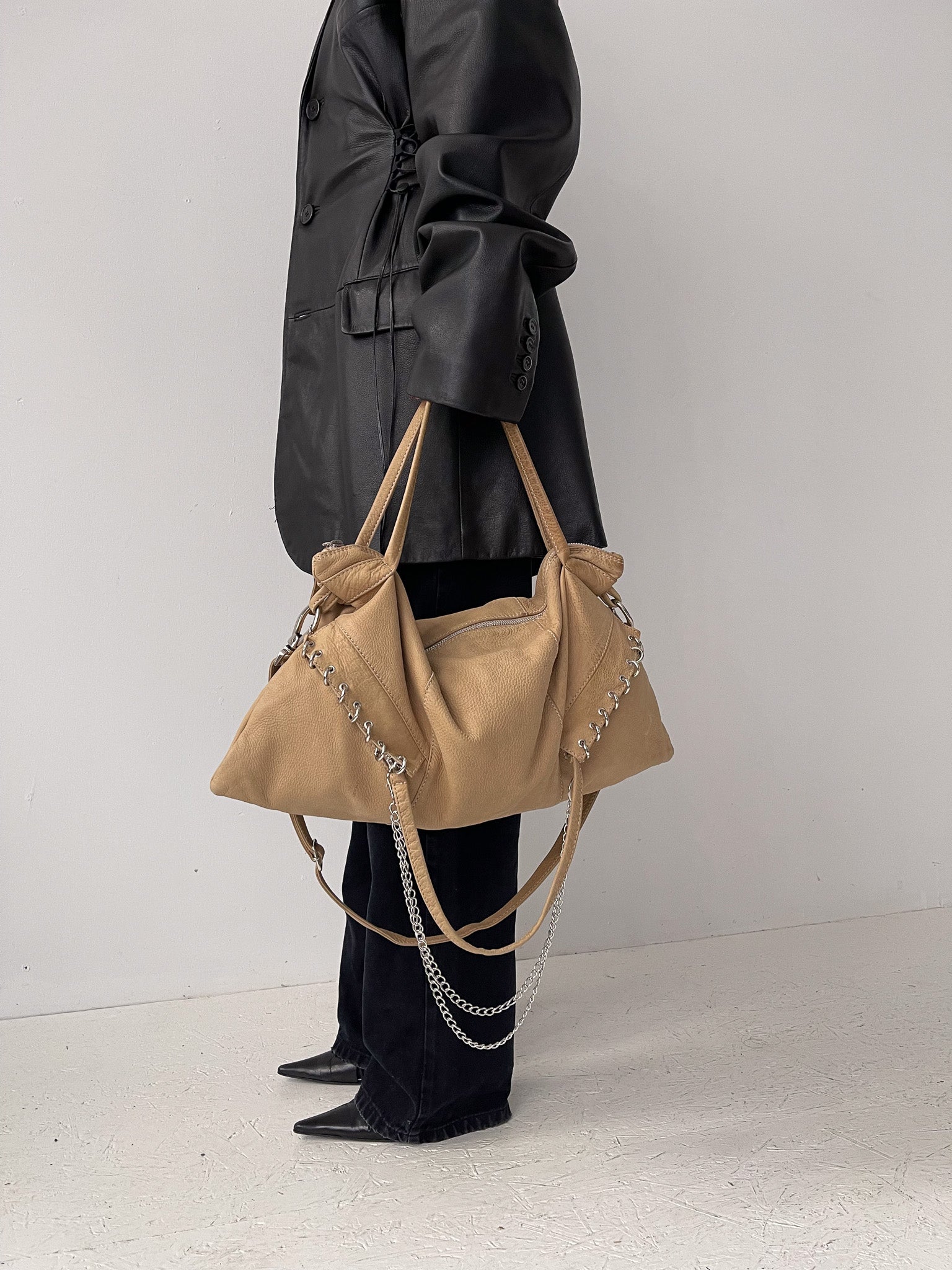 Leather Chain Bag in Beige