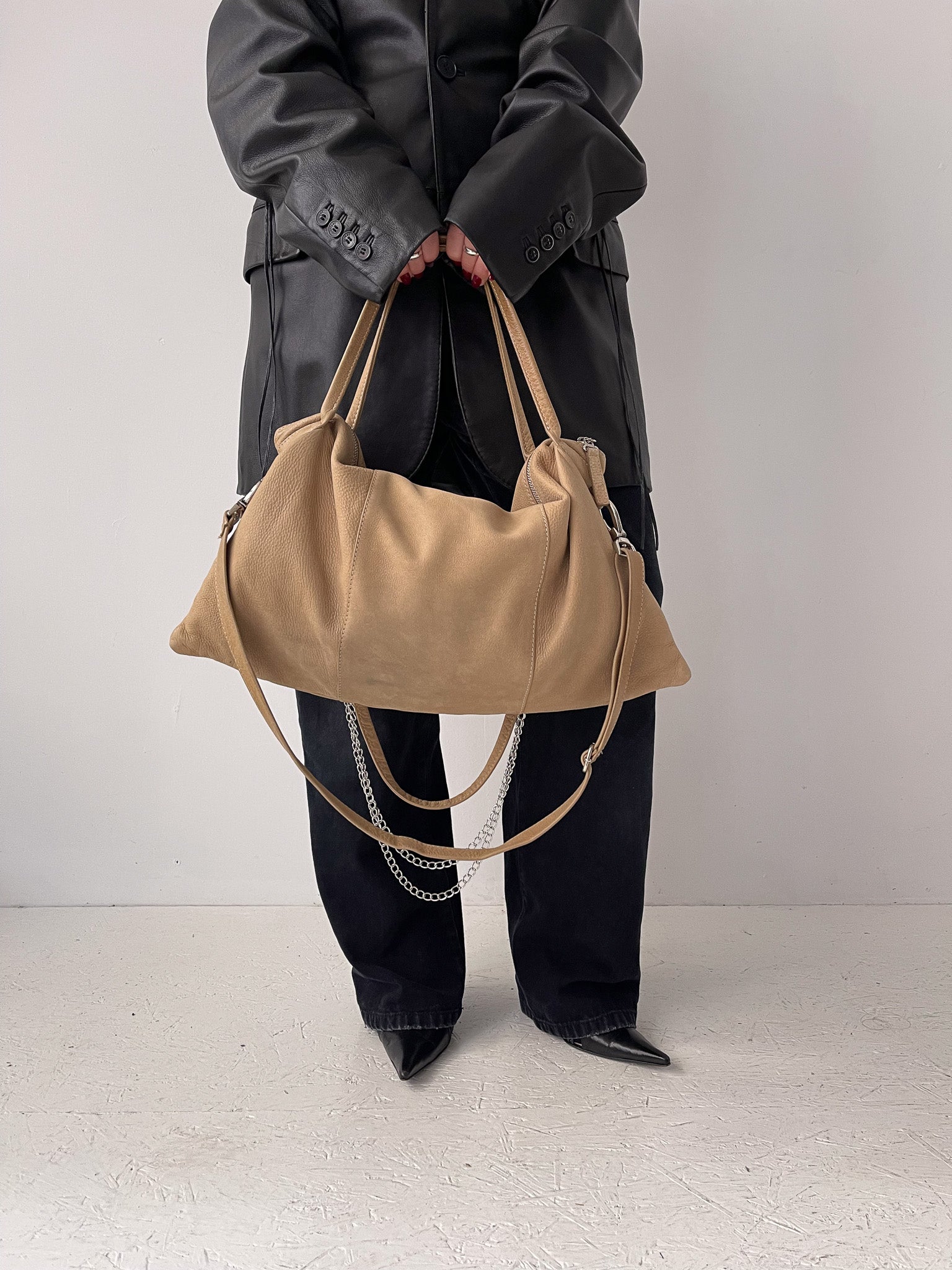 Leather Chain Bag in Beige