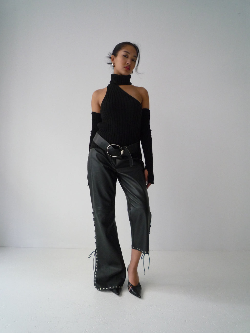 001 Leather assymmetric trousers