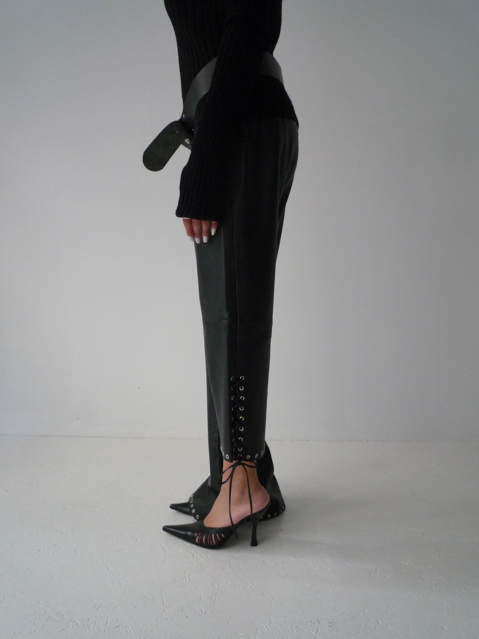 Leather assymmetric trousers