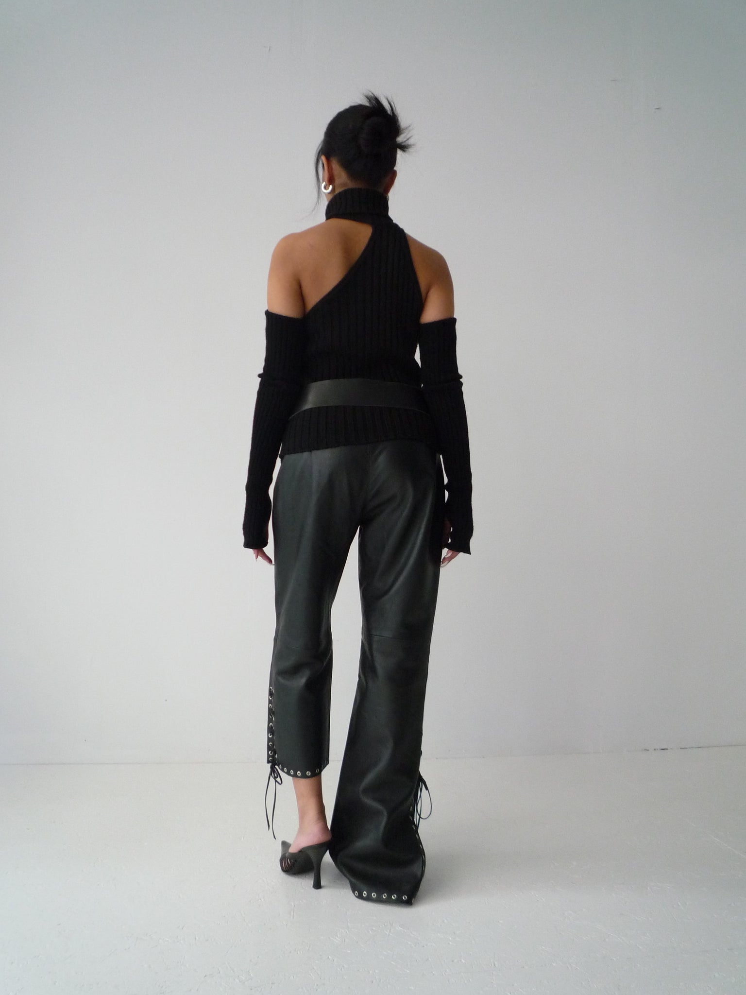 Leather assymmetric trousers